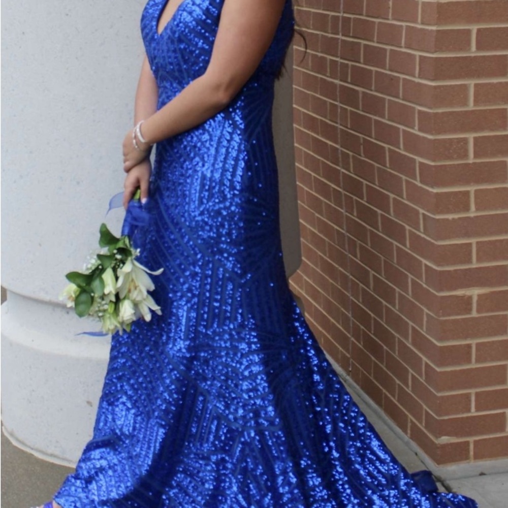 Mia Vega Royal Blue Sequin Hi Low Evening Prom Formal Gown Dress Sz 16 Like New - Picture 11 of 13